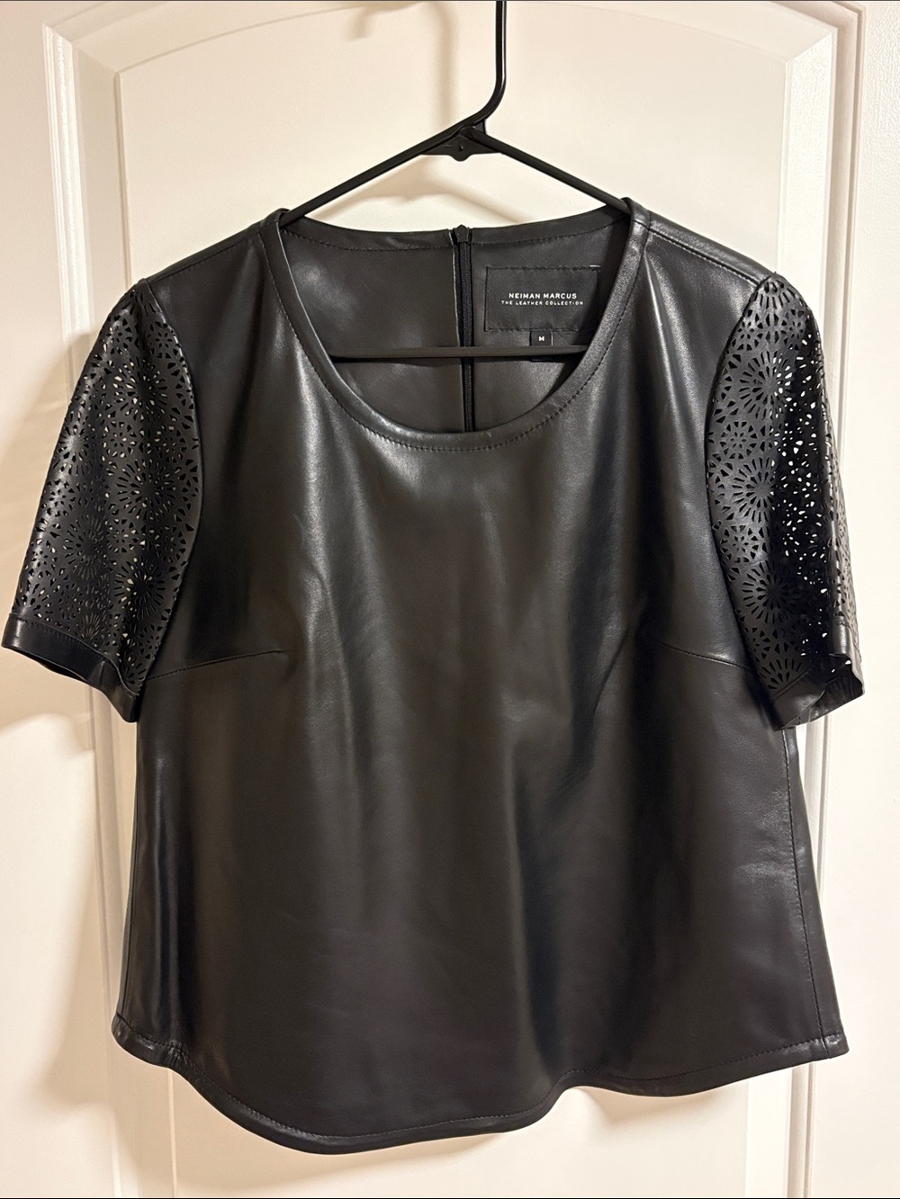 Neiman Marcus Black Genuine Leather Top with Laser-Cut Sleeves